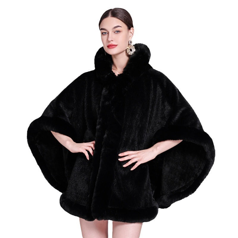Fleece-Lined Cloak Shawl with Faux Fur Collar