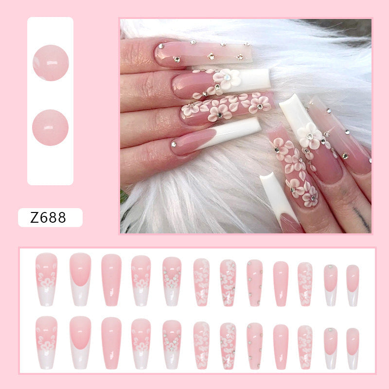 Luxury Long Ballerina Fake Nails: French & Rhinestone