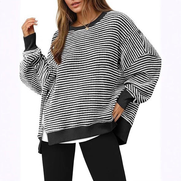 Waffle Knit Crewneck Split Pullover Sweater