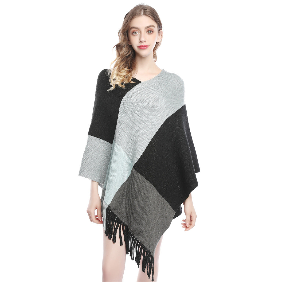 Fashion Women's Color Contrast Patchwork Knit Shawl Cape