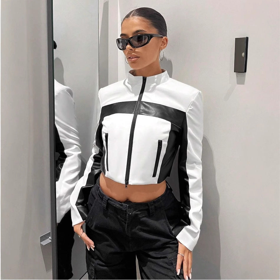 Women's Black & White Contrast Leather Jacket