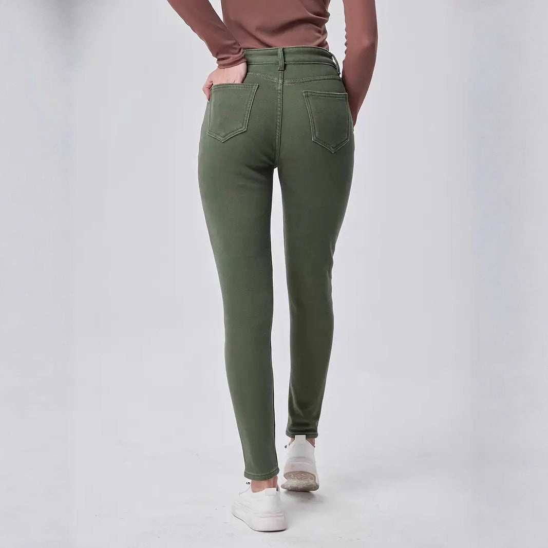 Slim Fit High Waist Dark Green Denim Trousers