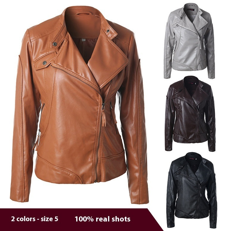 Women's Stand Collar Side Zip Leather Moto Jacket