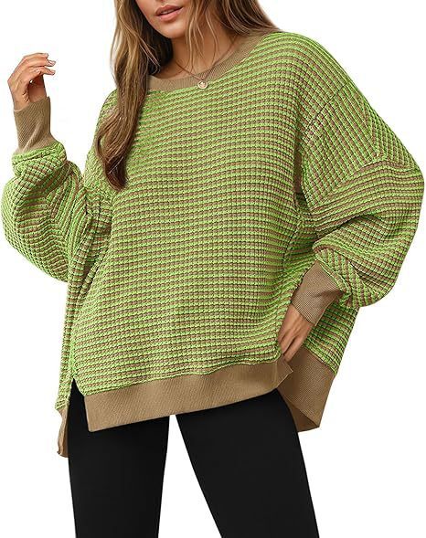 Waffle Knit Crewneck Split Pullover Sweater