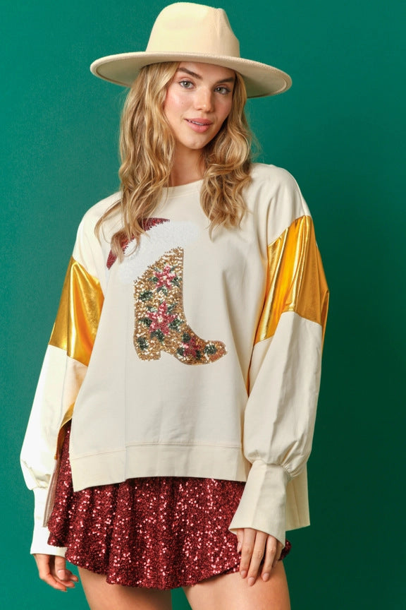 Casual Long Sleeve Sequined Christmas Graphic Sweatshirt