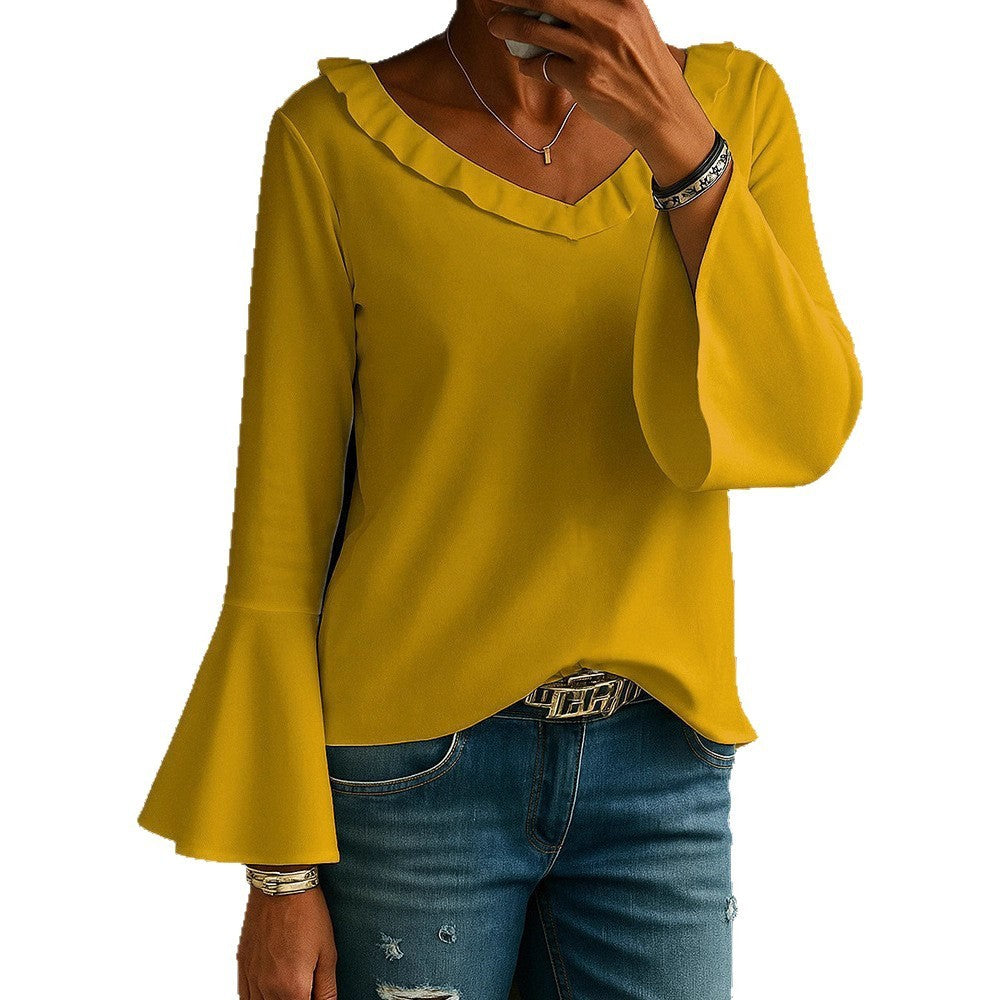 Casual Loose V-Neck Long Sleeve T-Shirt