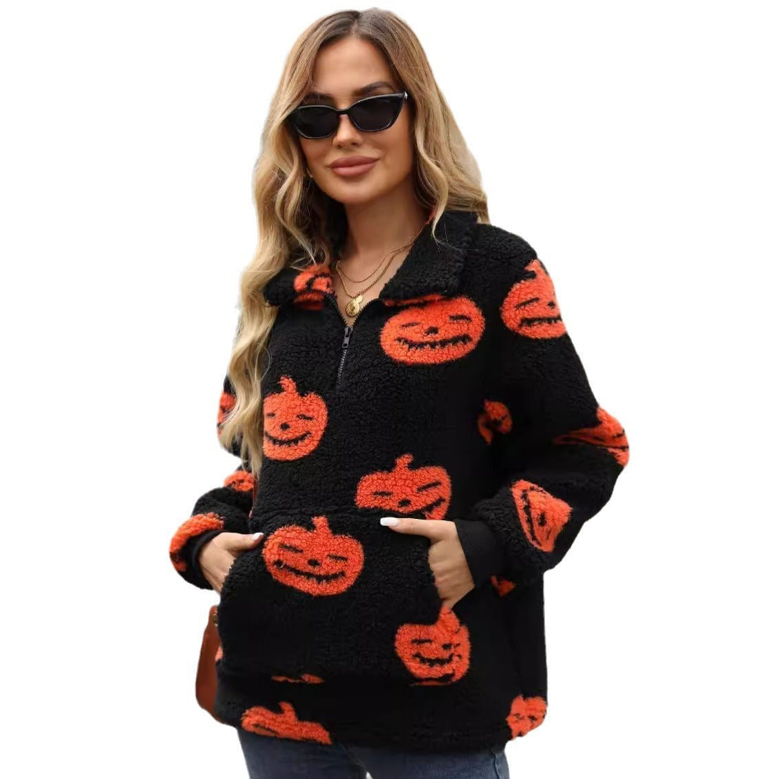 Euro-American Style Plush Half-Zipper Pumpkin Halloween Sweatshirt