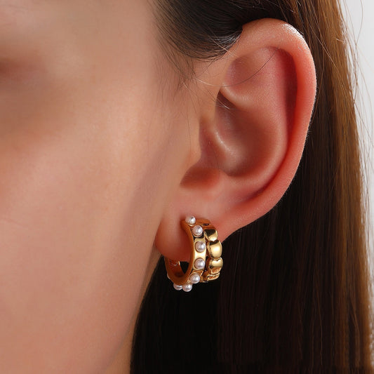 Stainless Steel Double C Love Pearl Earrings