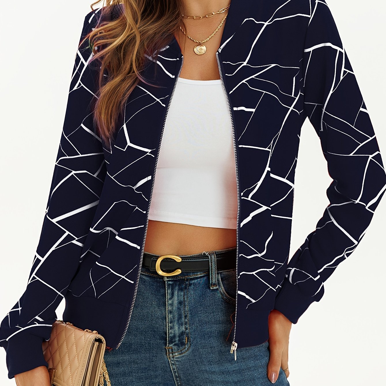 Women's Elegant Print Zip-Up Jacket