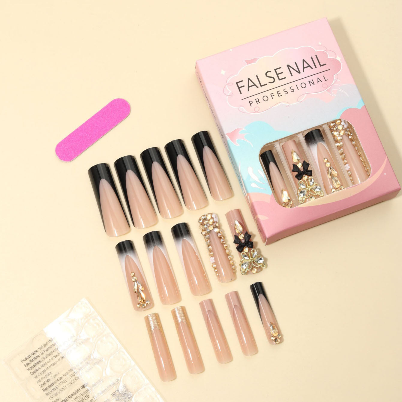 Wearable Black French Rectangle Fake Nails