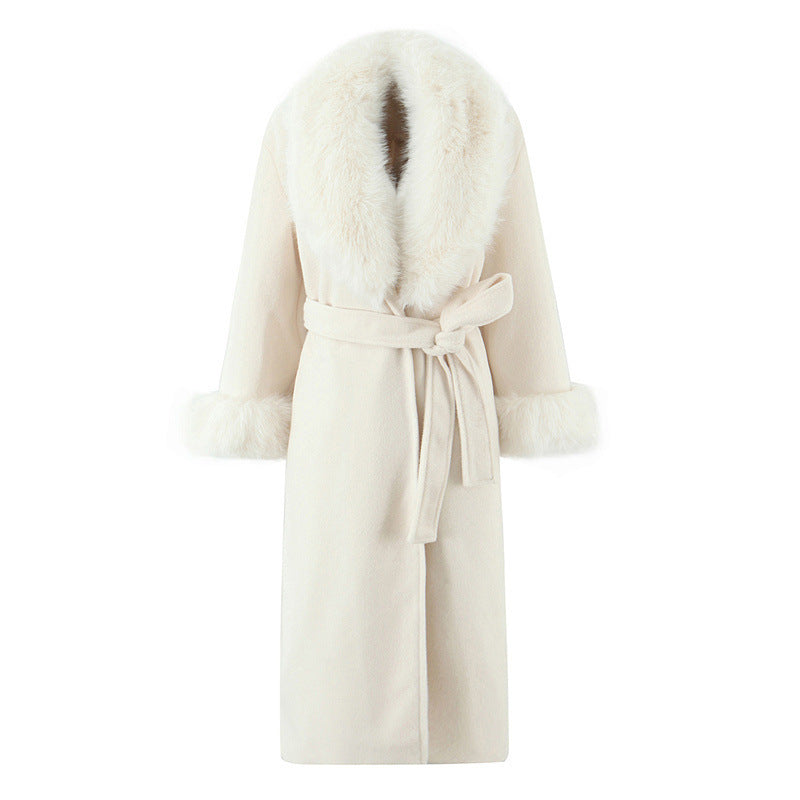 Elegant Belted White Long Coat with Fur Collar
