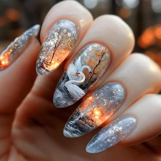 Swan Lake Dance Almond Press-On Fake Nails