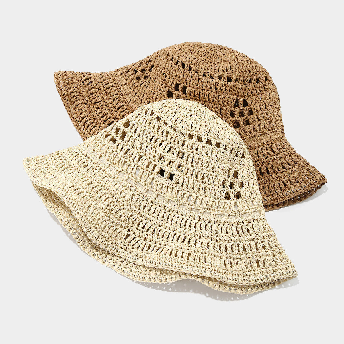 Breathable Crochet Straw Bucket Hat for Seaside Women