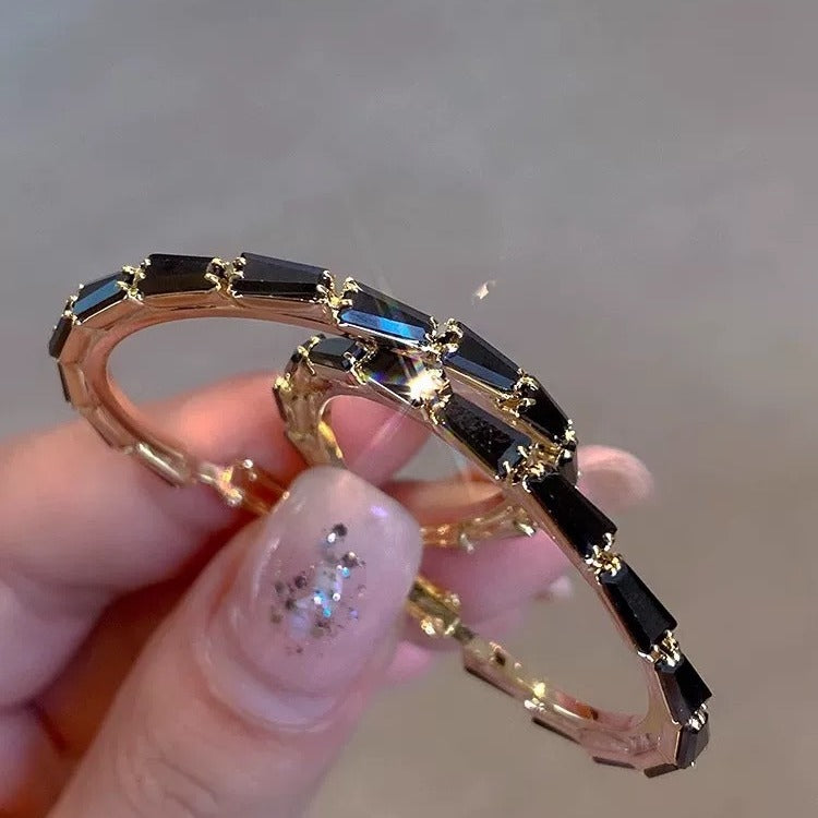 Advanced French Black & Crystal Hoop Earrings