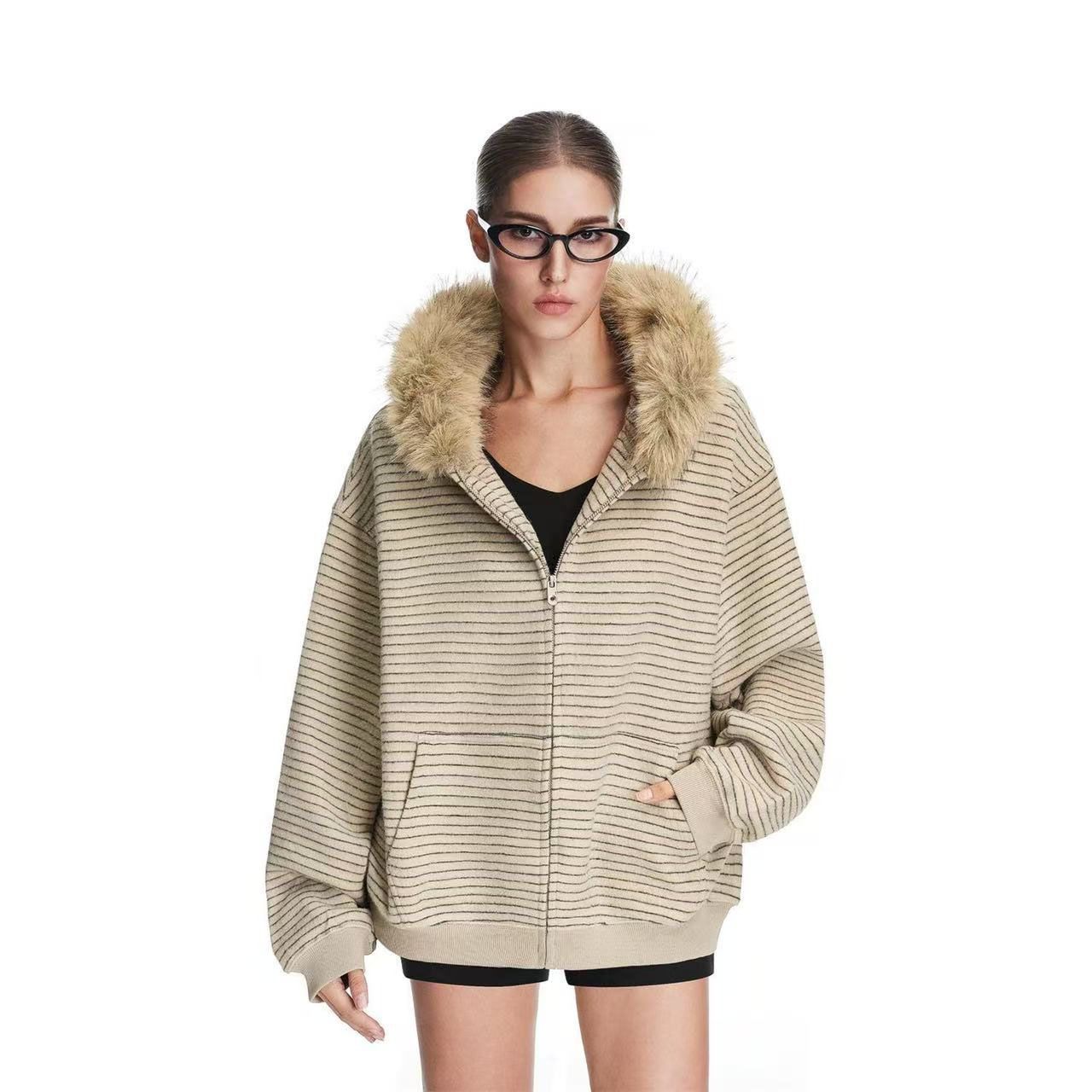 Vintage Fur Collar Couple Hooded Zipper Cardigan Sweater
