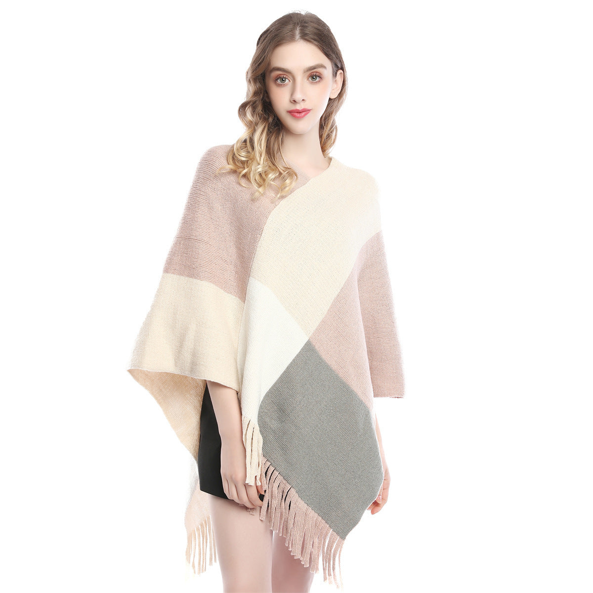 Fashion Women's Color Contrast Patchwork Knit Shawl Cape