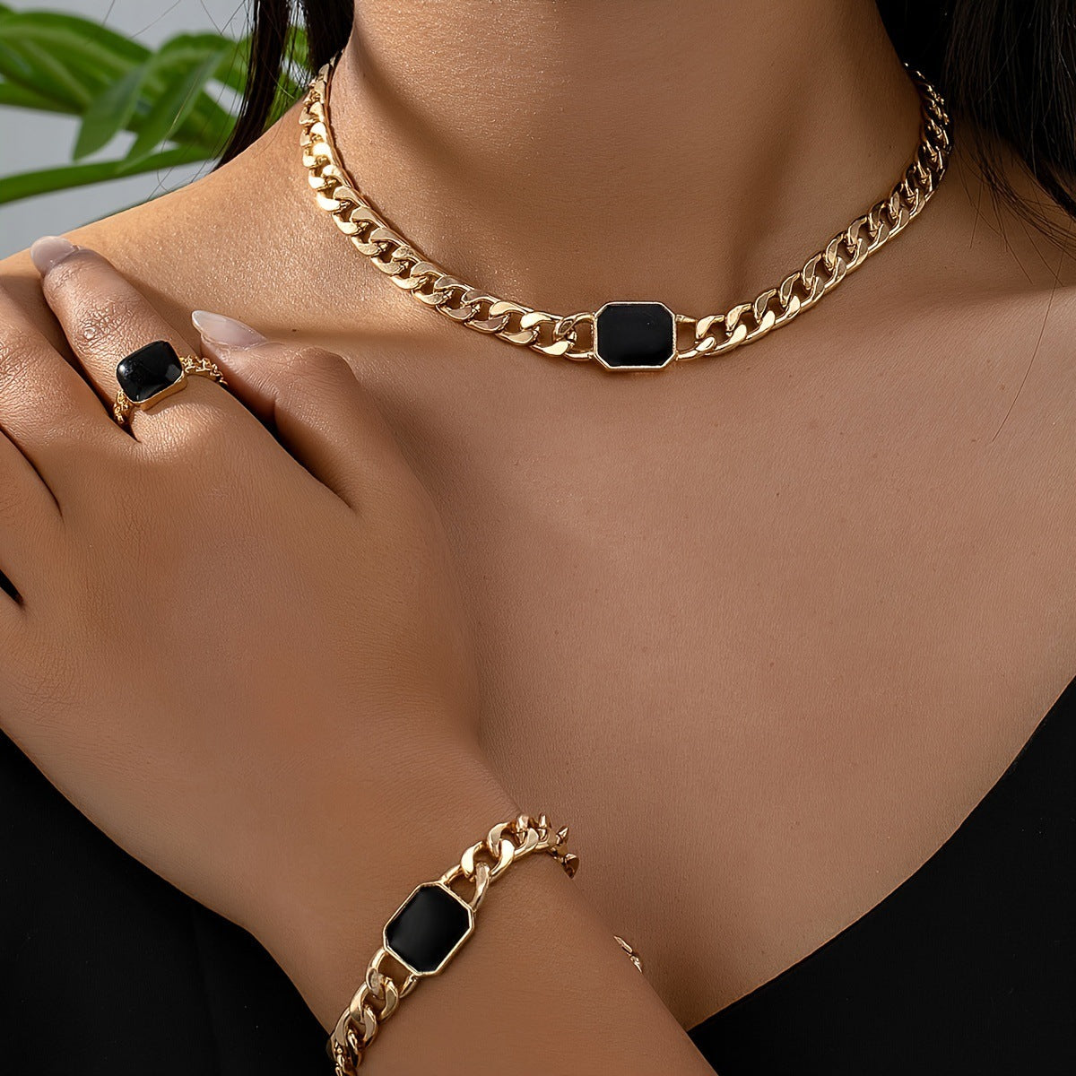 Minimalist Square Design Chain Necklace, Bracelet, and Ring Set